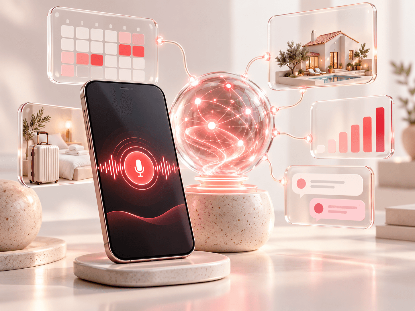 BookNoFees: AI palīgs ar balss vadību, kalendāru, brīvdienu māju un ziņojumiem ilustrē brīvdienu mājokļu pārvaldības nākotni.