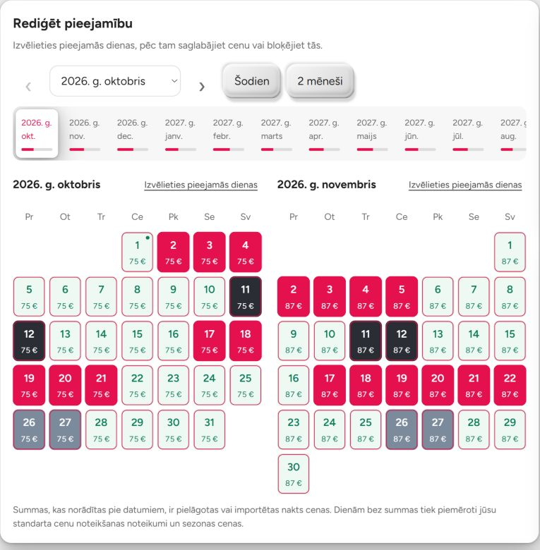 BookNoFees rezervāciju kalendārs ar paraugcenām par nakti, bloķētajām dienām un rezervācijām.